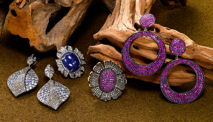Pink and blue sapphire, moonstone and diamond collection.
